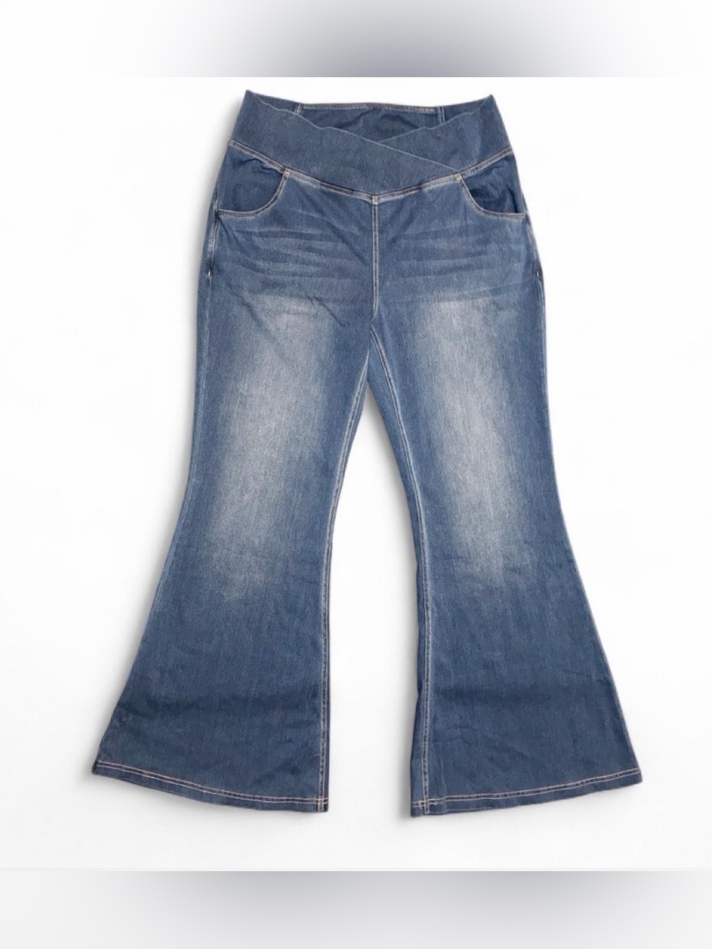 HALARA Faded Blue Crossover Waist Flare Jeans